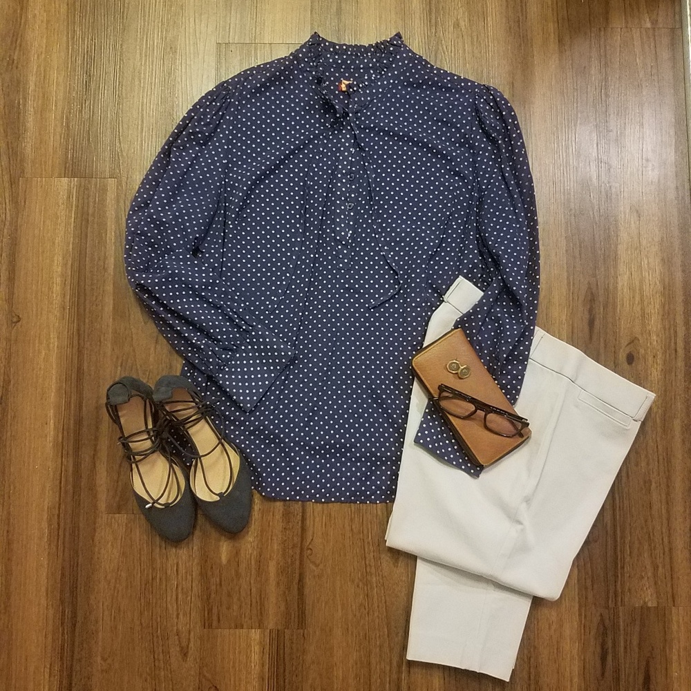 Navy, white polka dot long sleeve pull over blouse